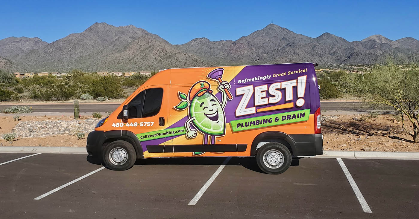 A Zest Plumbing & Drain truck outside in Scottsdale, AZ.