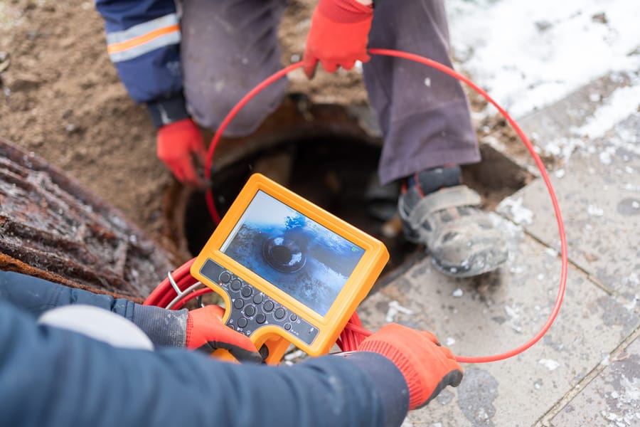 Plumbers checking sewer hole with camera inspection